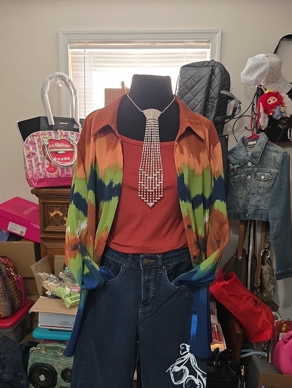 Investments Multicolor Tie-Dye Button Down Shirt in Orange, Green, Navy